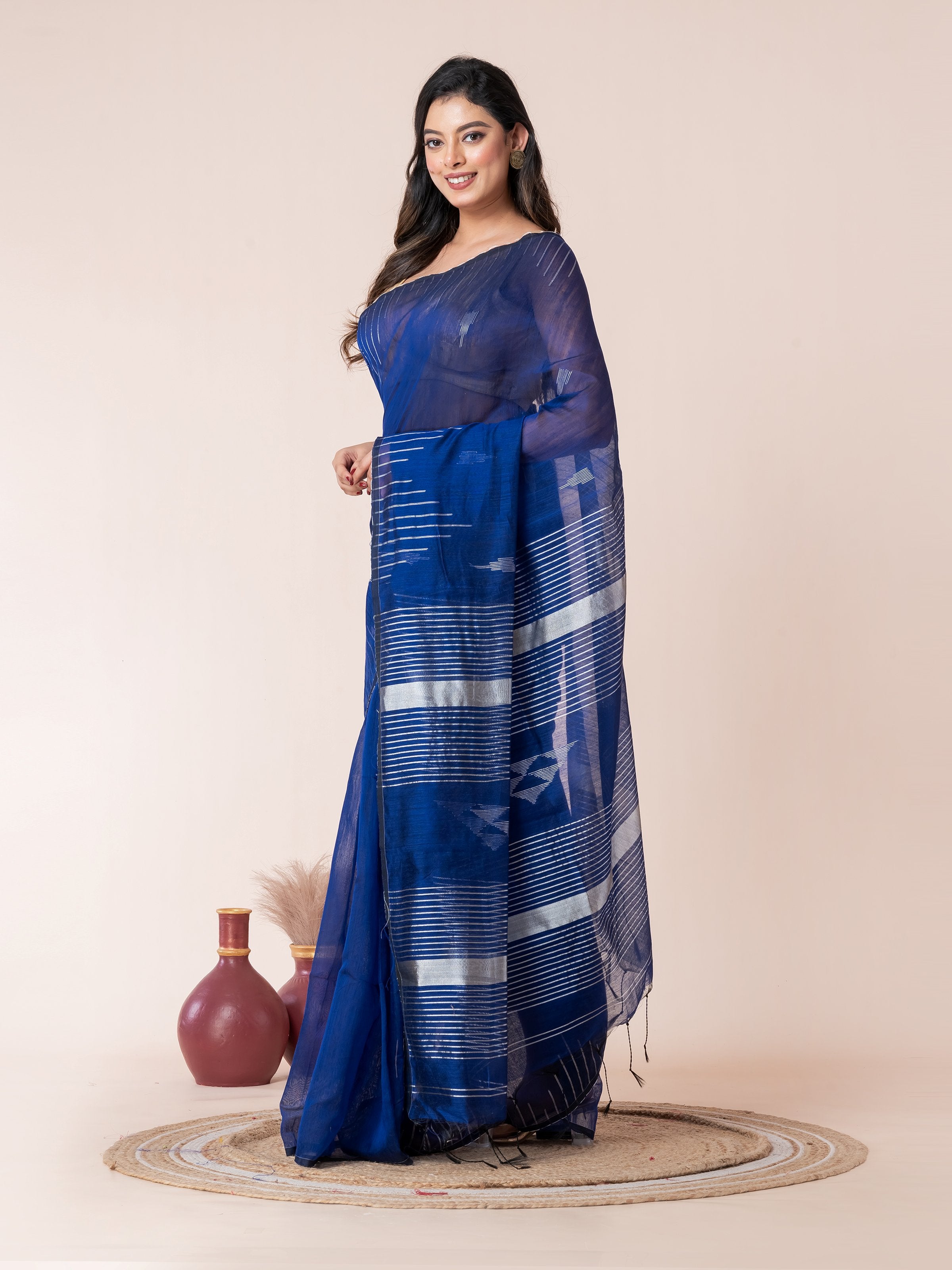 Bule Body and Silver Temple Cotton Saree