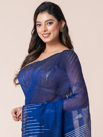 Bule Body and Silver Temple Cotton Saree