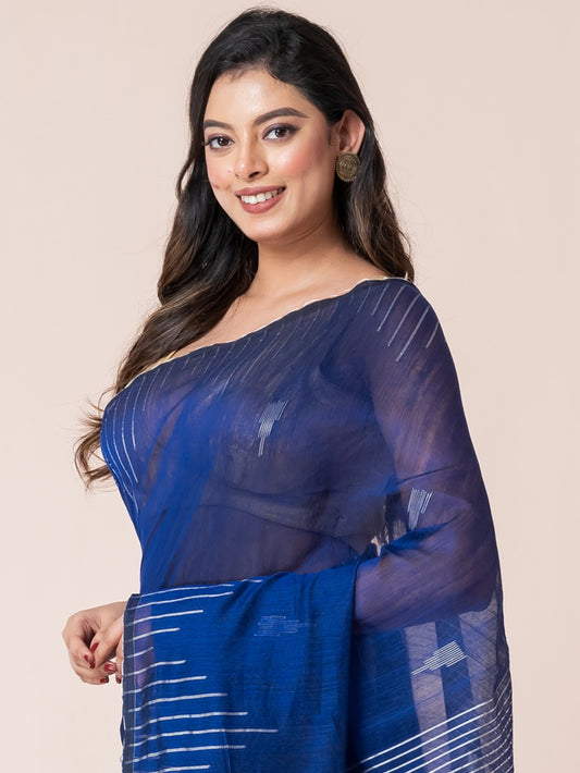 Bule Body and Silver Temple Cotton Saree