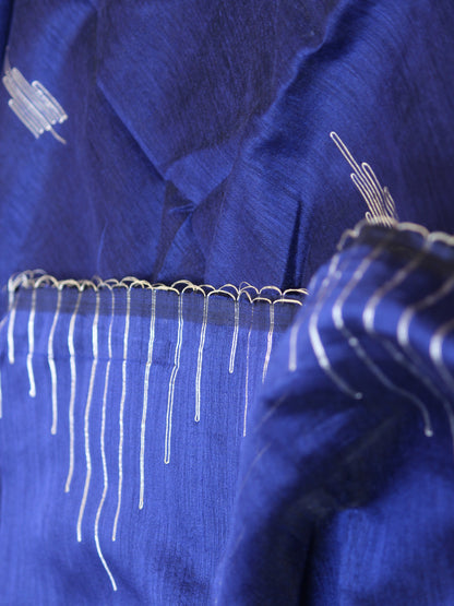 Bule Body and Silver Temple Cotton Saree