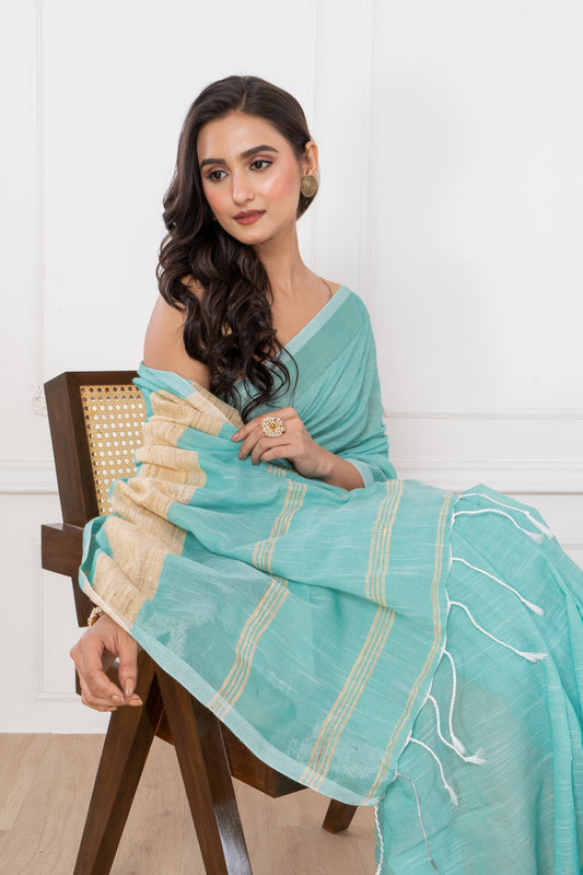 Caribbean Green Colour Slub Cotton Saree