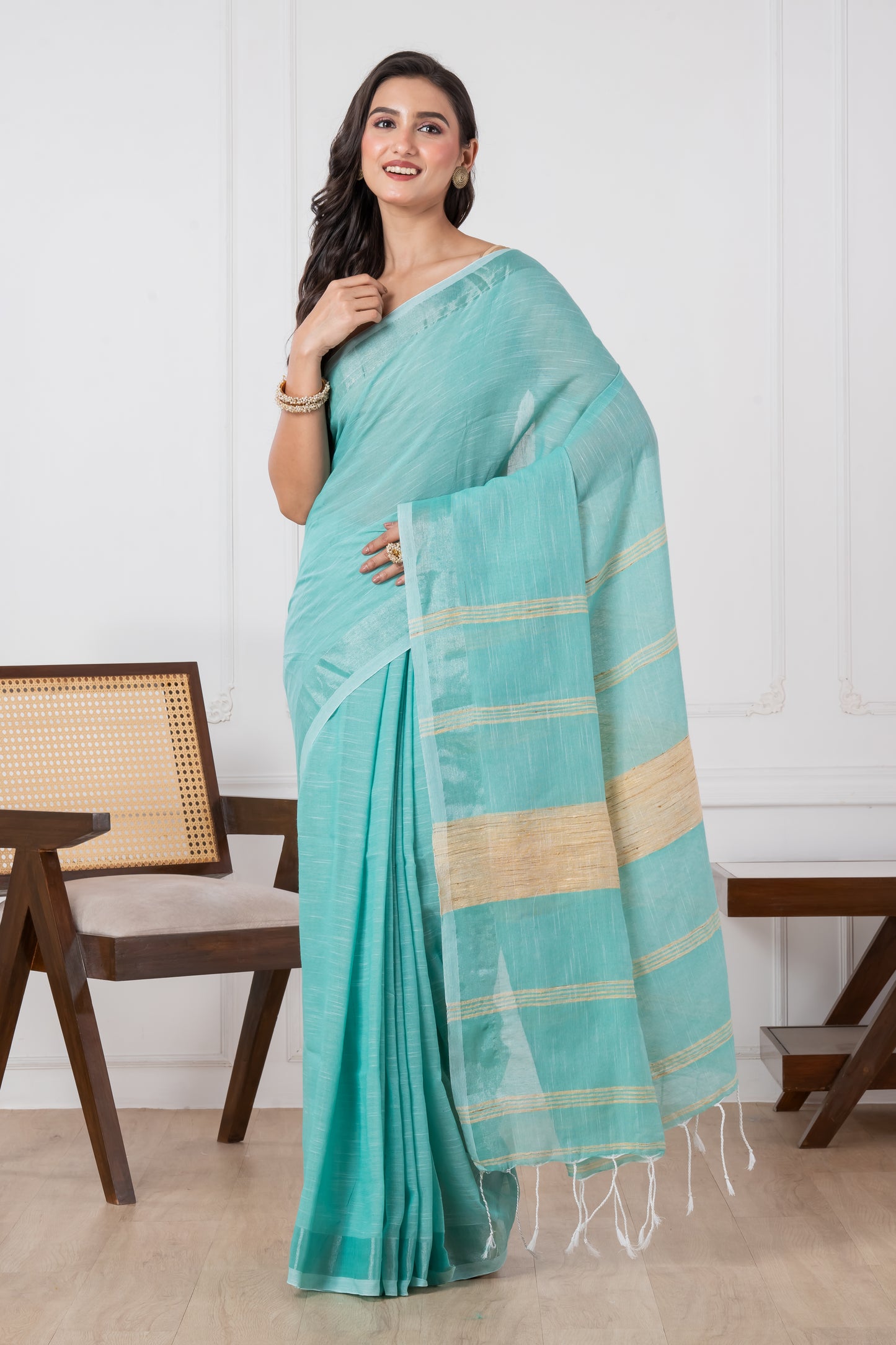 Caribbean Green Colour Slub Cotton Saree