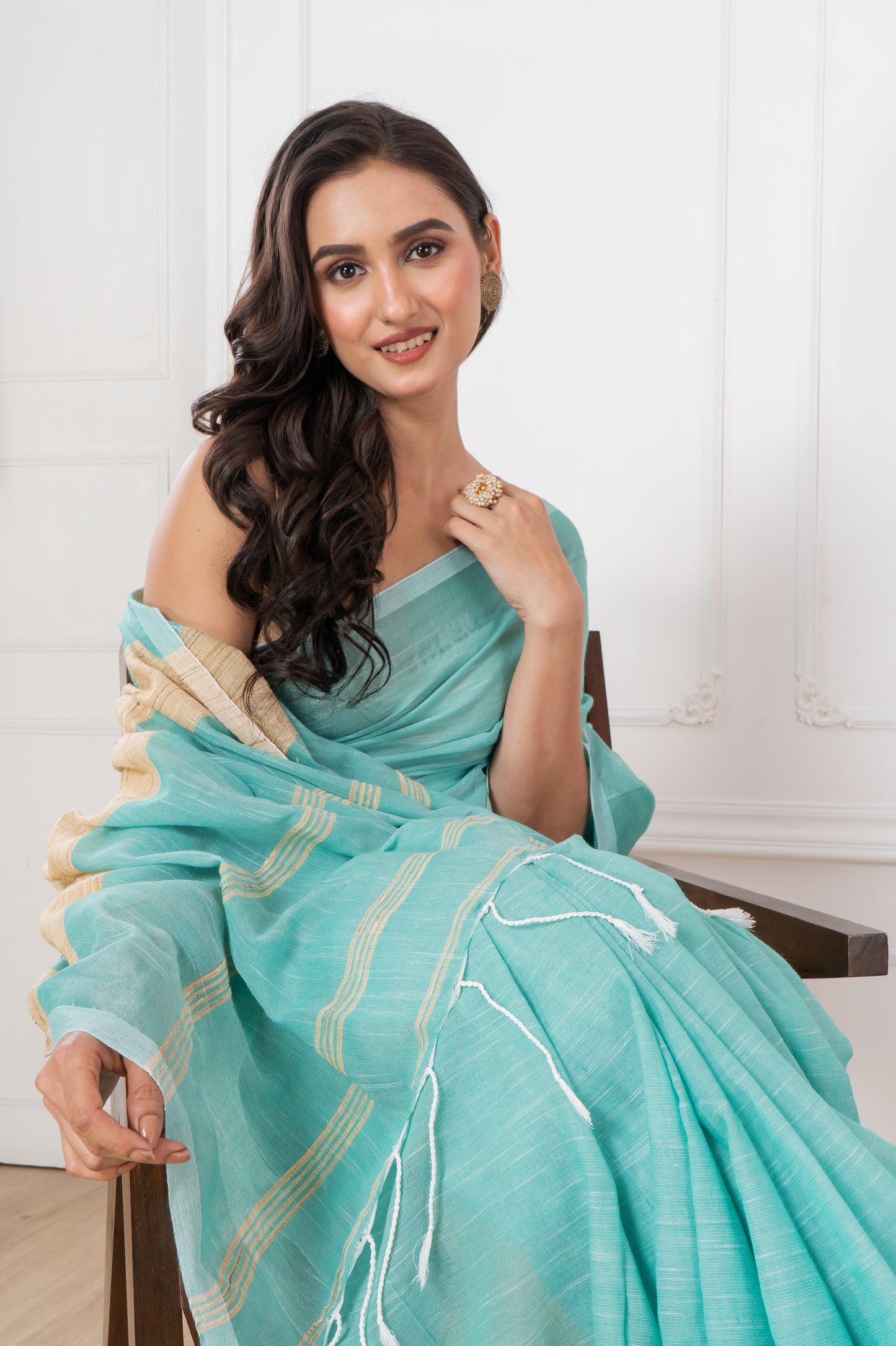 Caribbean Green Colour Slub Cotton Saree