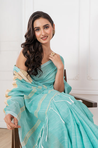 Caribbean Green Colour Slub Cotton Saree
