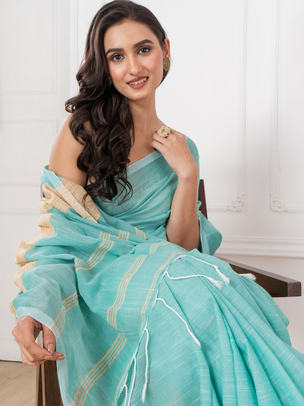 Caribbean Green Colour Slub Cotton Saree