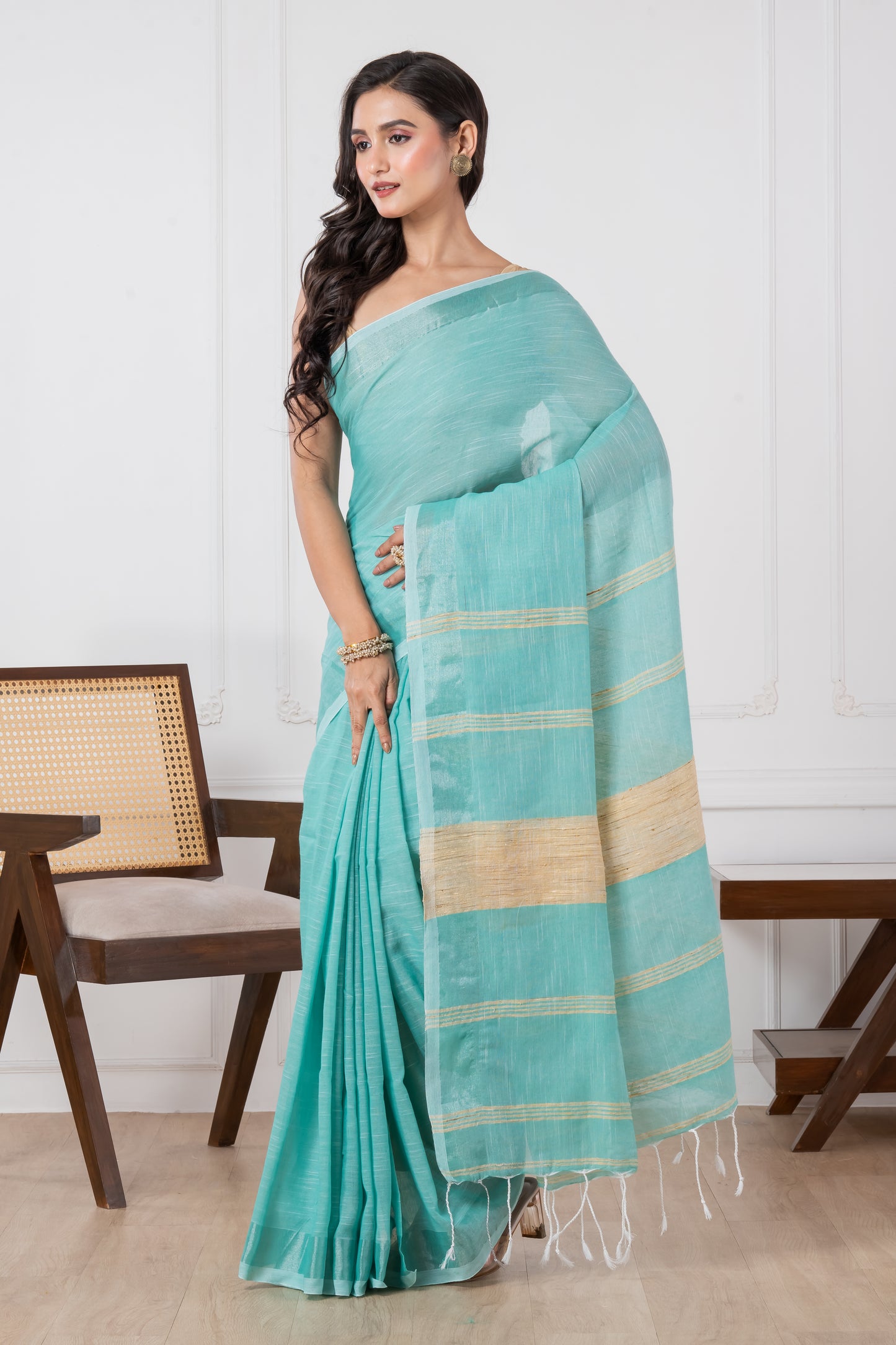 Caribbean Green Colour Slub Cotton Saree