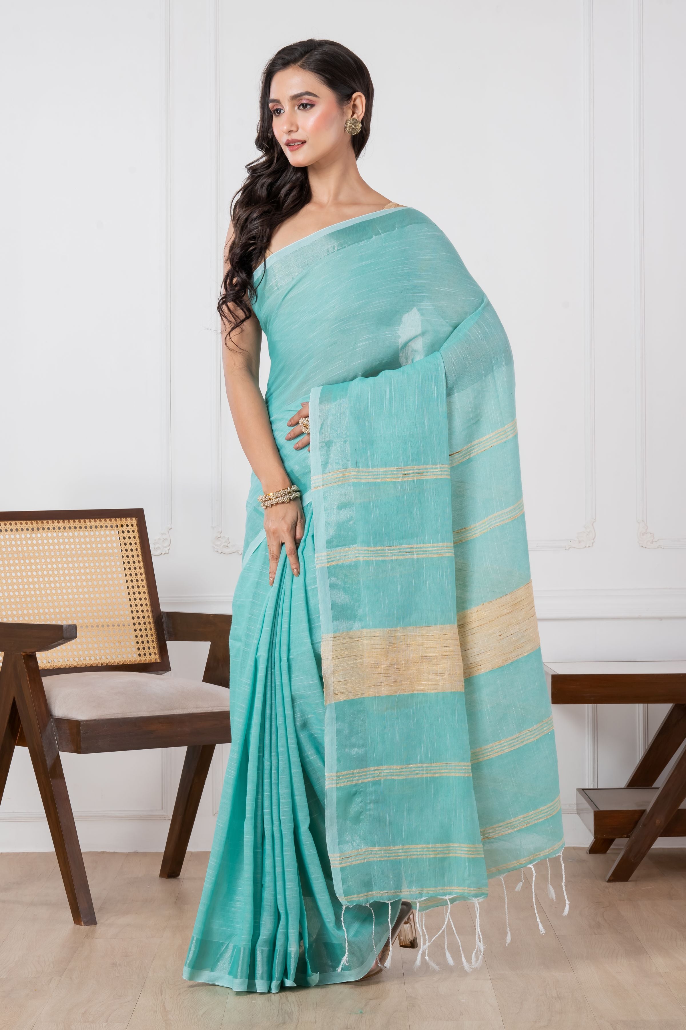 Caribbean Green Colour Slub Cotton Saree