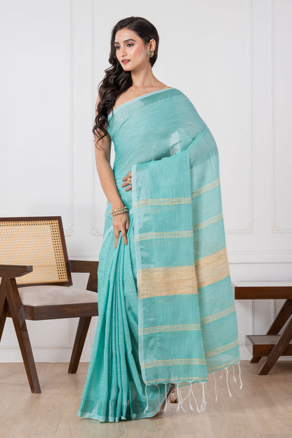Caribbean Green Colour Slub Cotton Saree