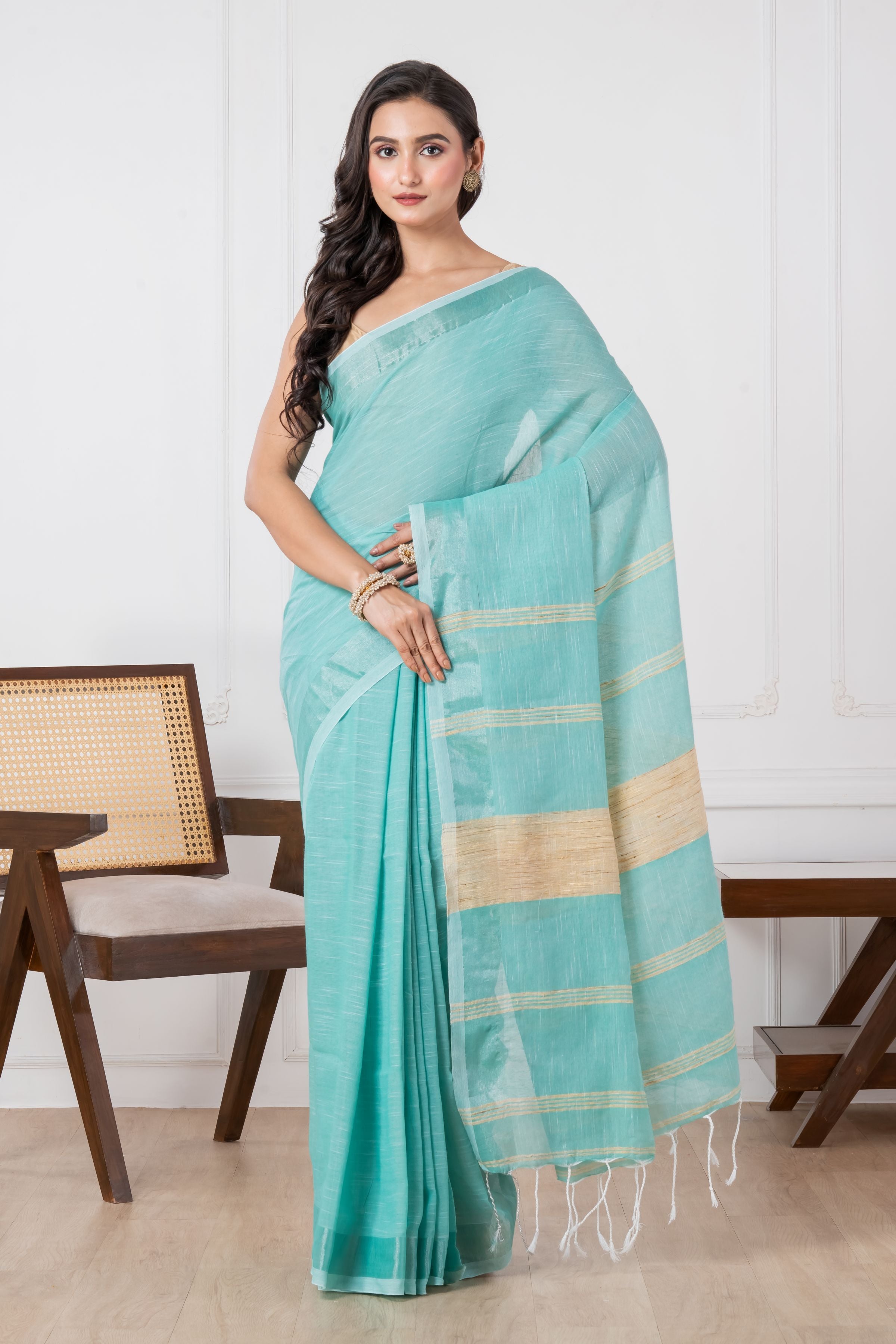 Caribbean Green Colour Slub Cotton Saree