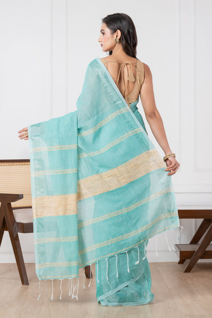 Caribbean Green Colour Slub Cotton Saree