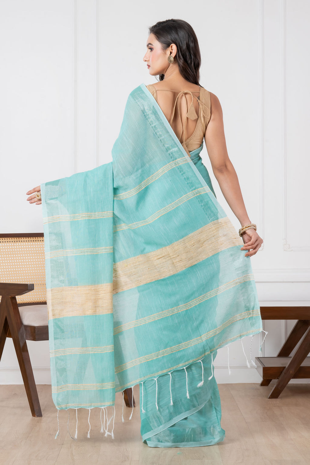 Caribbean Green Colour Slub Cotton Saree
