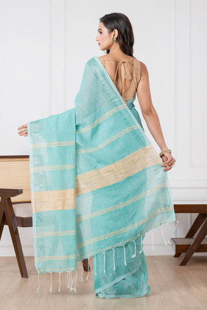 Caribbean Green Colour Slub Cotton Saree