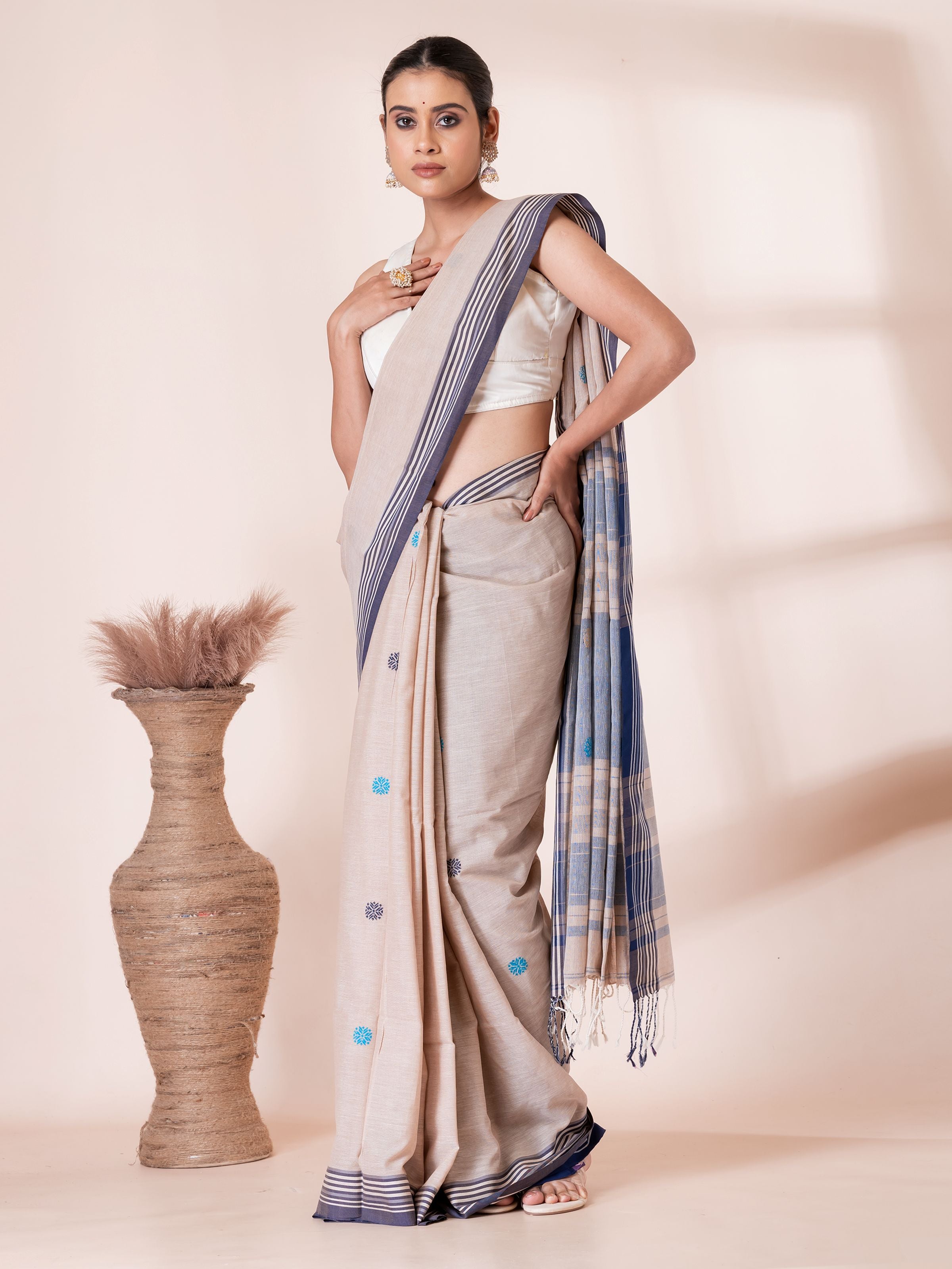 Cream with Blue Handloom Premium Cotton Saree