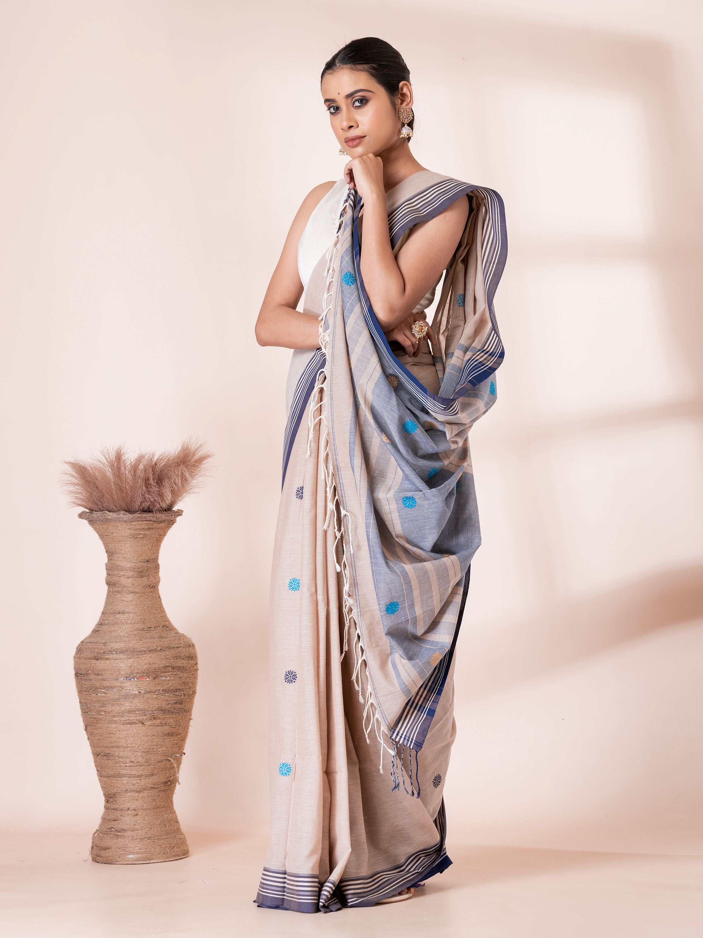 Cream with Blue Handloom Premium Cotton Saree