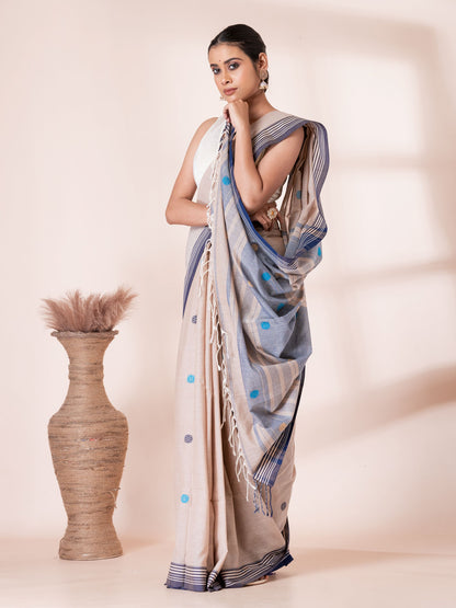 Cream with Blue Handloom Premium Cotton Saree