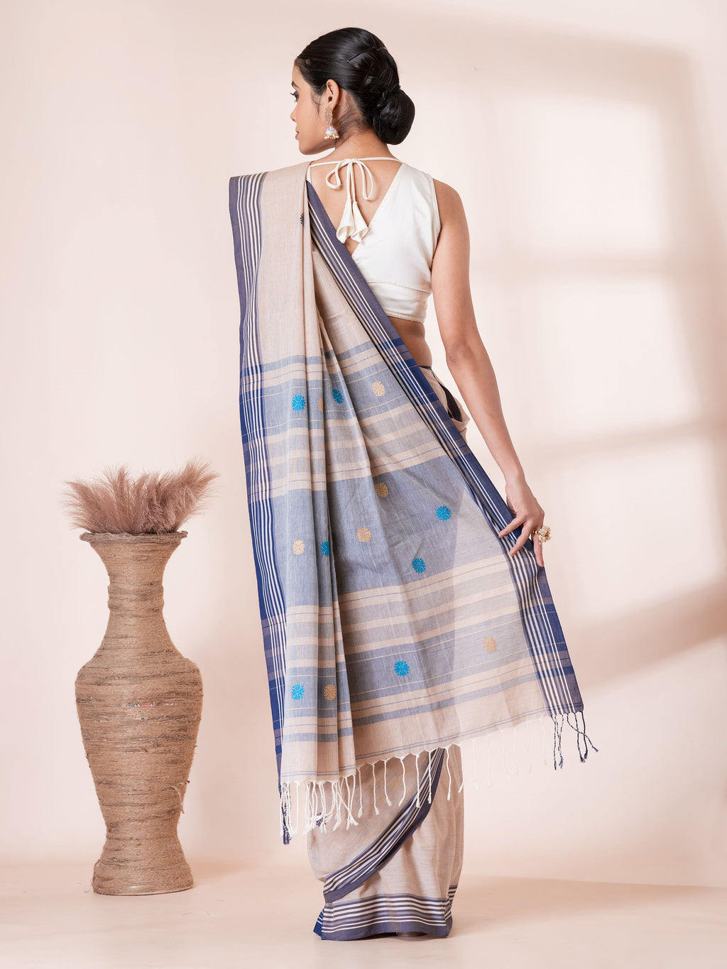 Cream with Blue Handloom Premium Cotton Saree