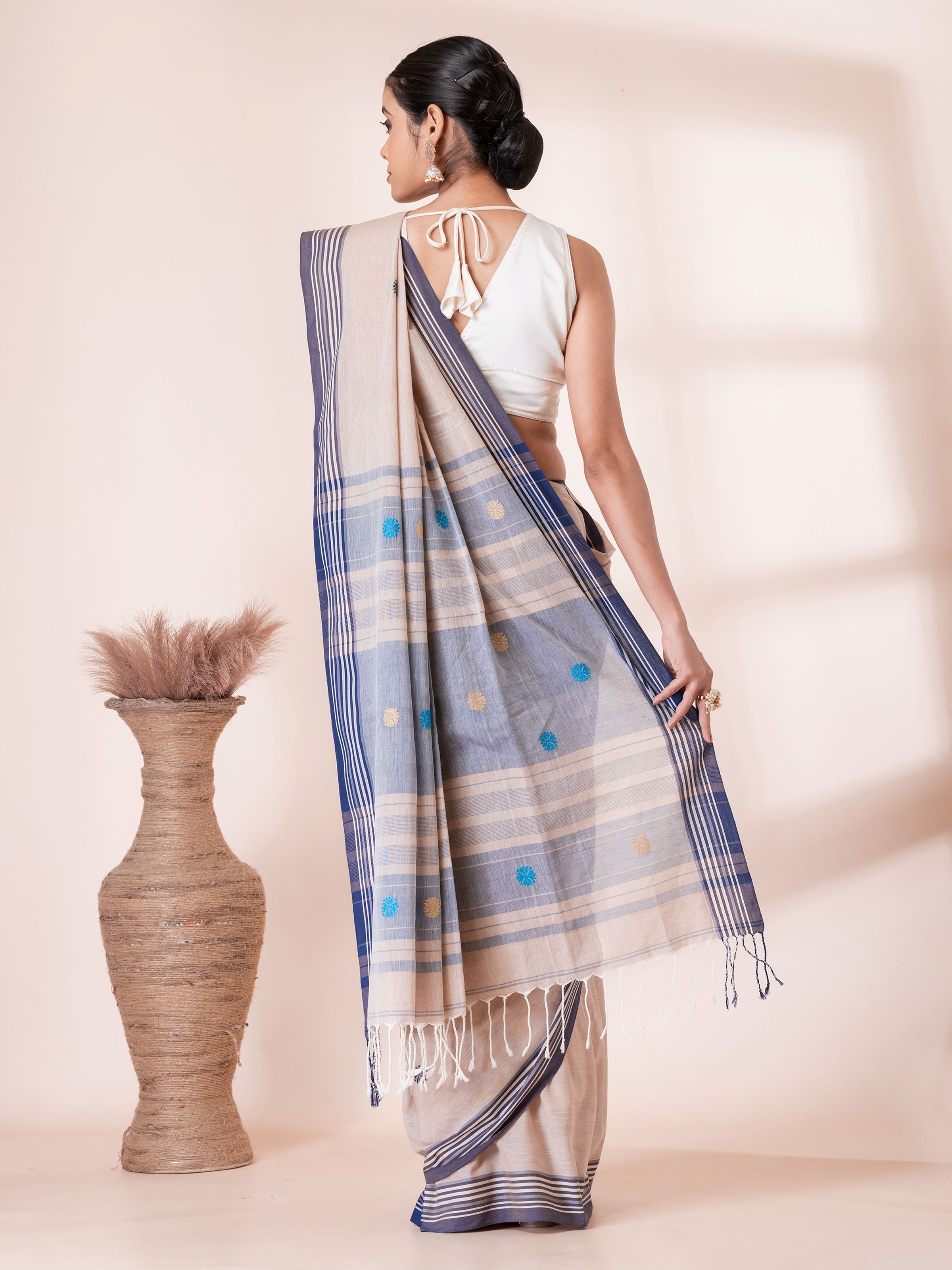 Cream with Blue Handloom Premium Cotton Saree