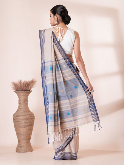 Cream with Blue Handloom Premium Cotton Saree