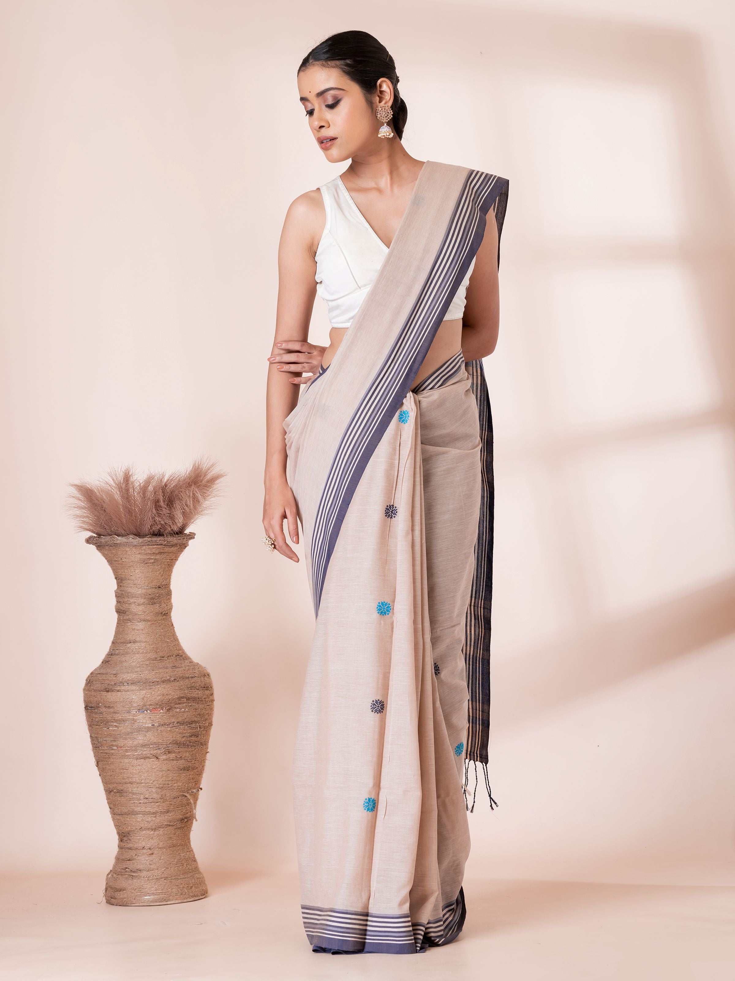 Cream with Blue Handloom Premium Cotton Saree