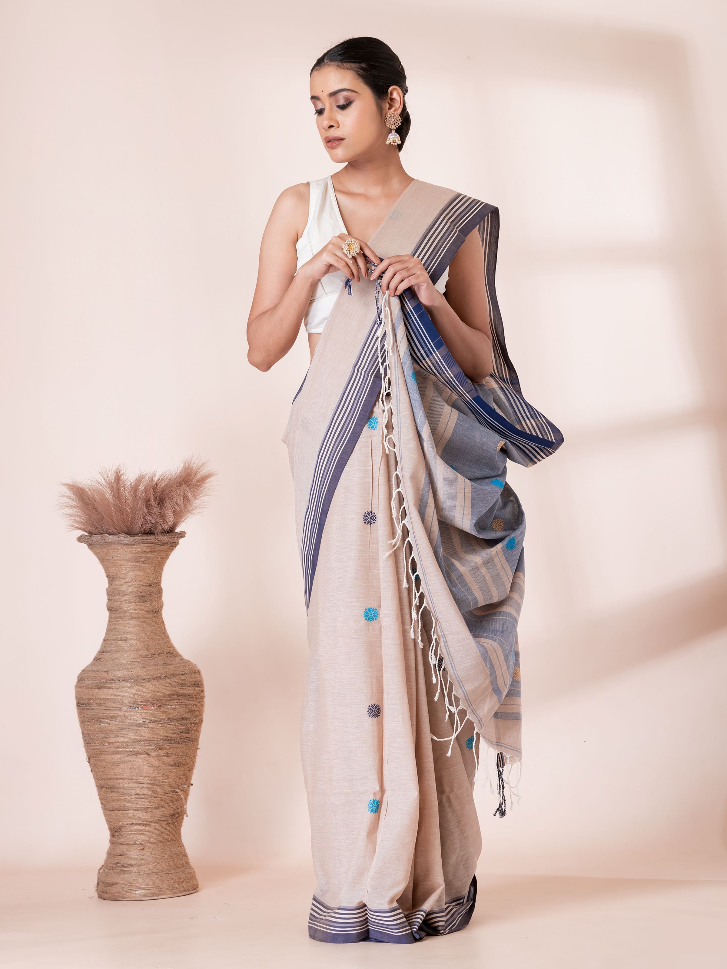 Cream with Blue Handloom Premium Cotton Saree