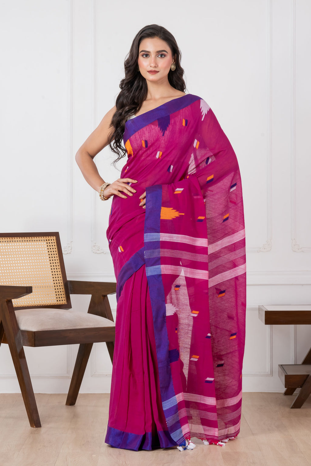 Dark Magenta Body with Temple Cotton Saree