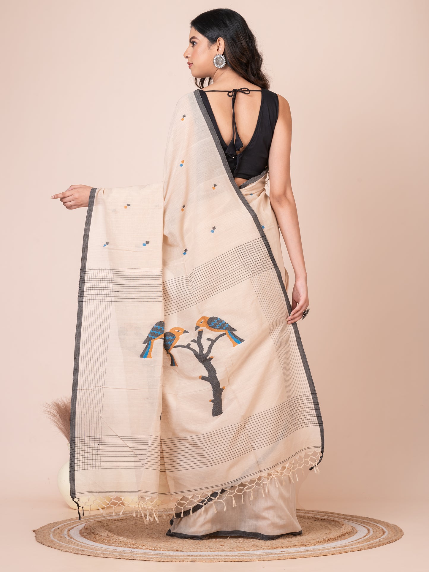 Sandalwood Bird Motifs Mul Cotton Saree