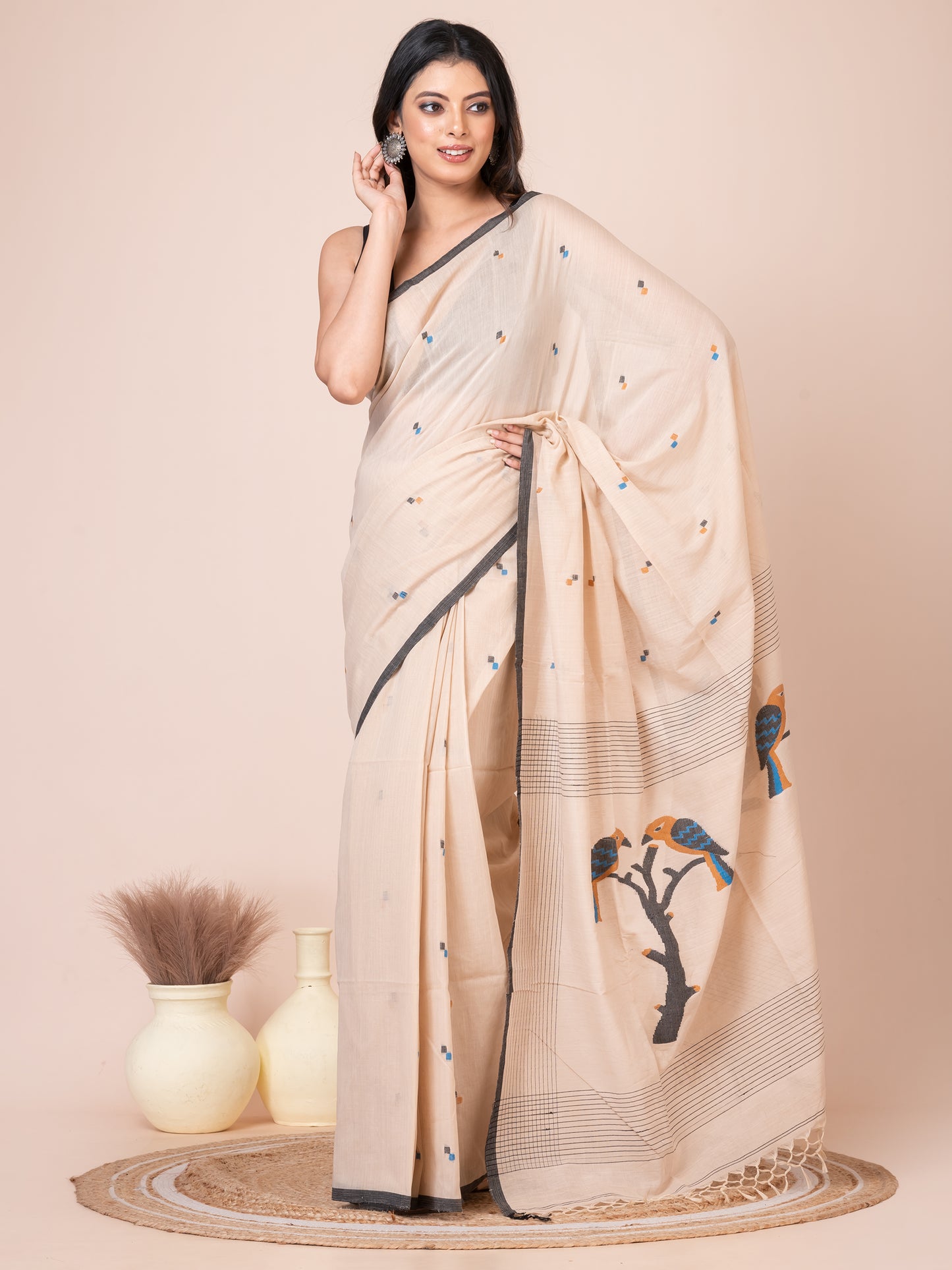 Sandalwood Bird Motifs Mul Cotton Saree