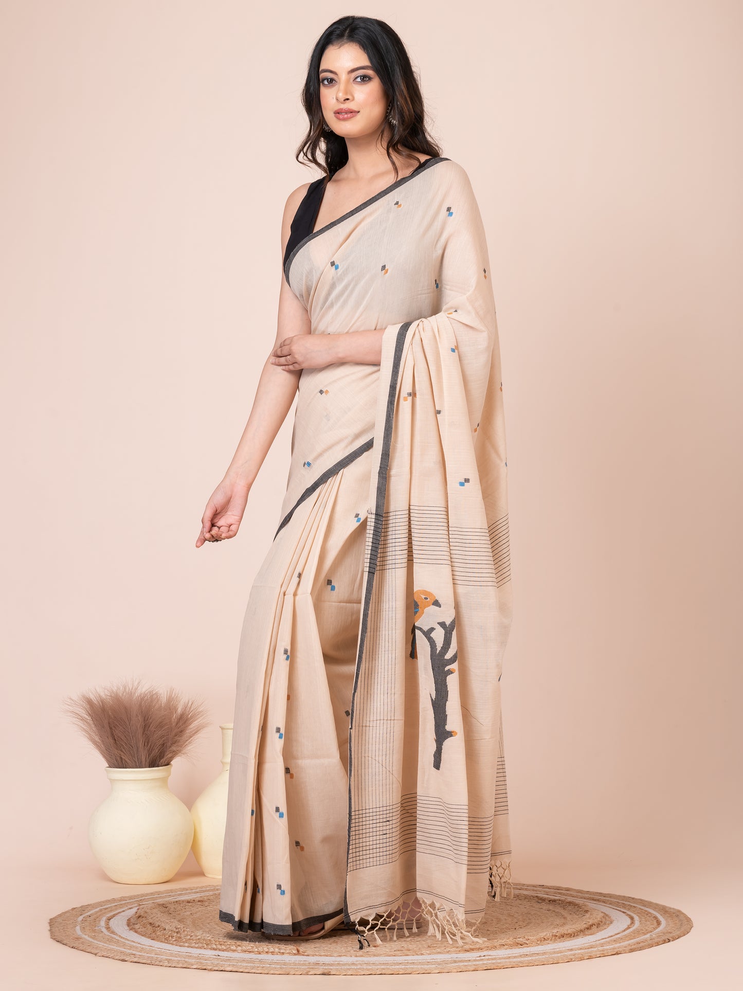 Sandalwood Bird Motifs Mul Cotton Saree