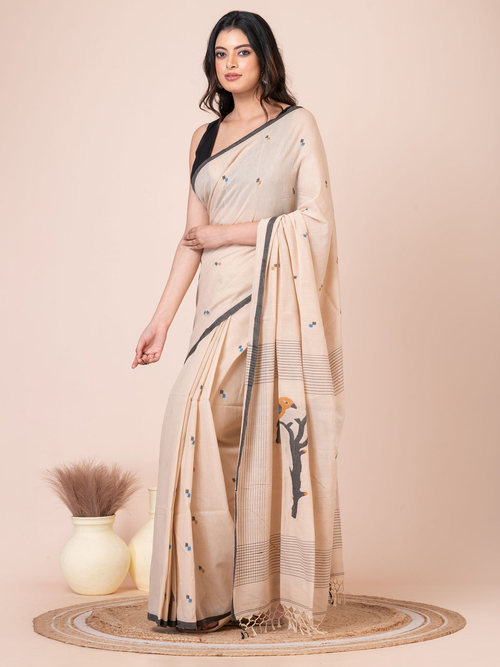 Sandalwood Bird Motifs Mul Cotton Saree