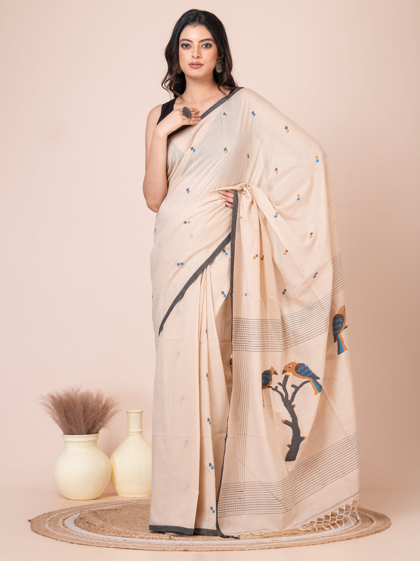 Sandalwood Bird Motifs Mul Cotton Saree