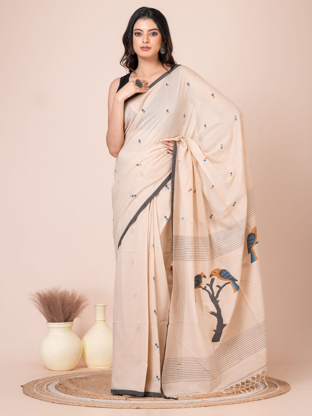 Sandalwood Bird Motifs Mul Cotton Saree