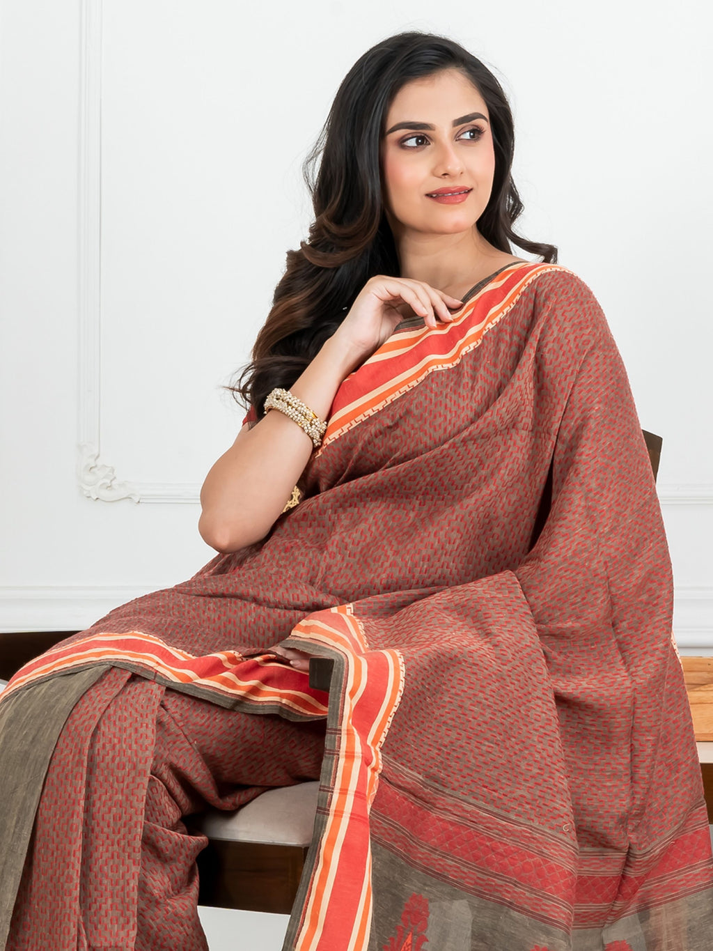 Gray with Red Kantha Cotton Saree