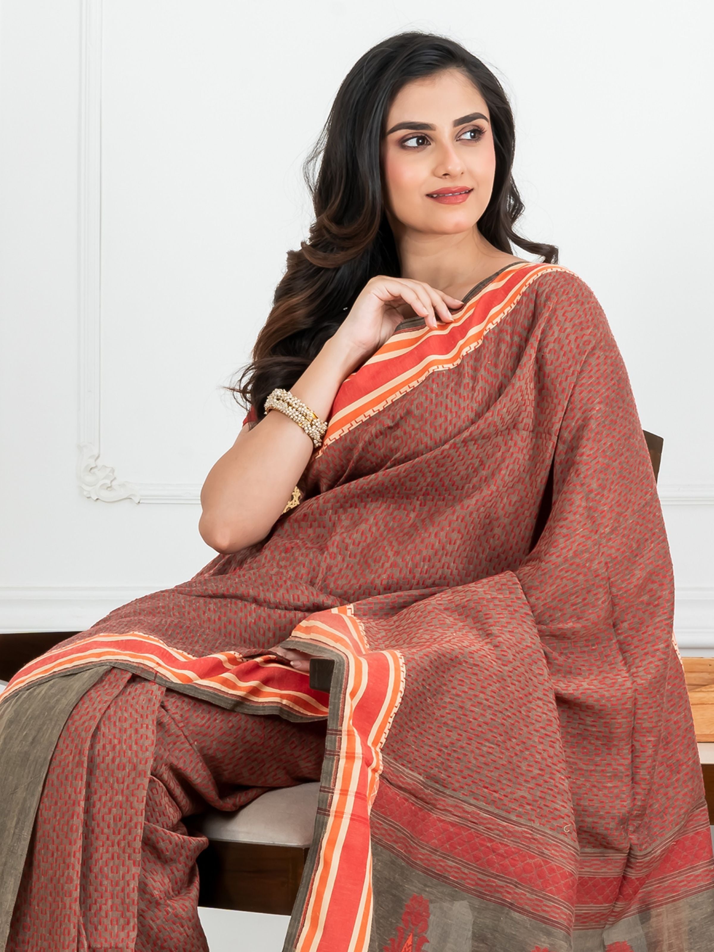 Gray with Red Kantha Cotton Saree