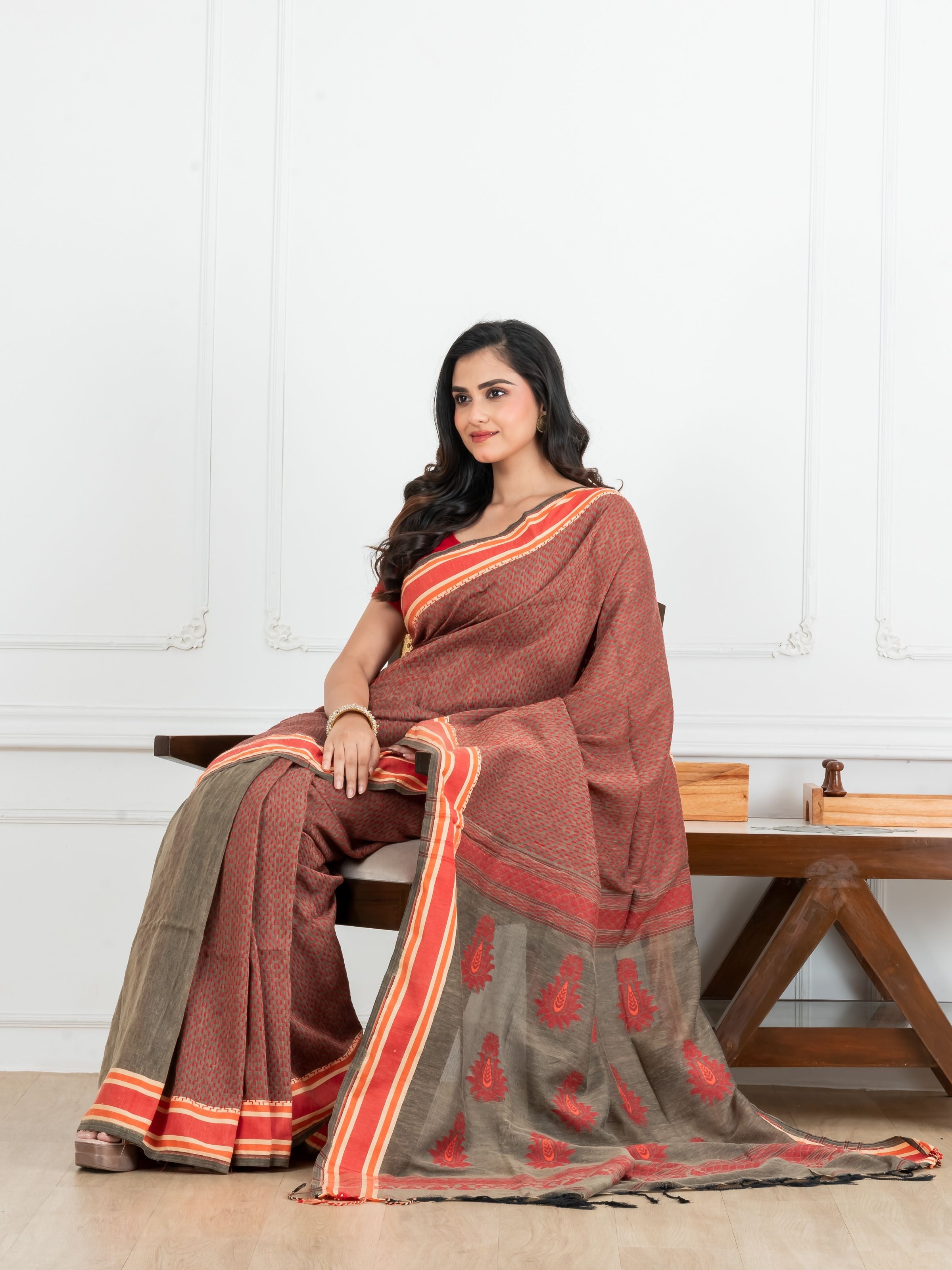 Gray with Red Kantha Cotton Saree
