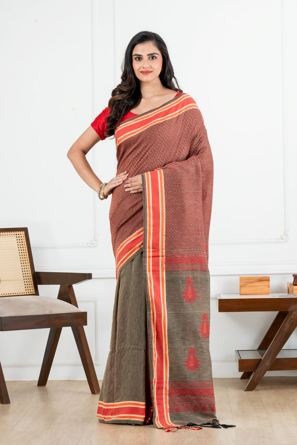 Gray with Red Kantha Cotton Saree