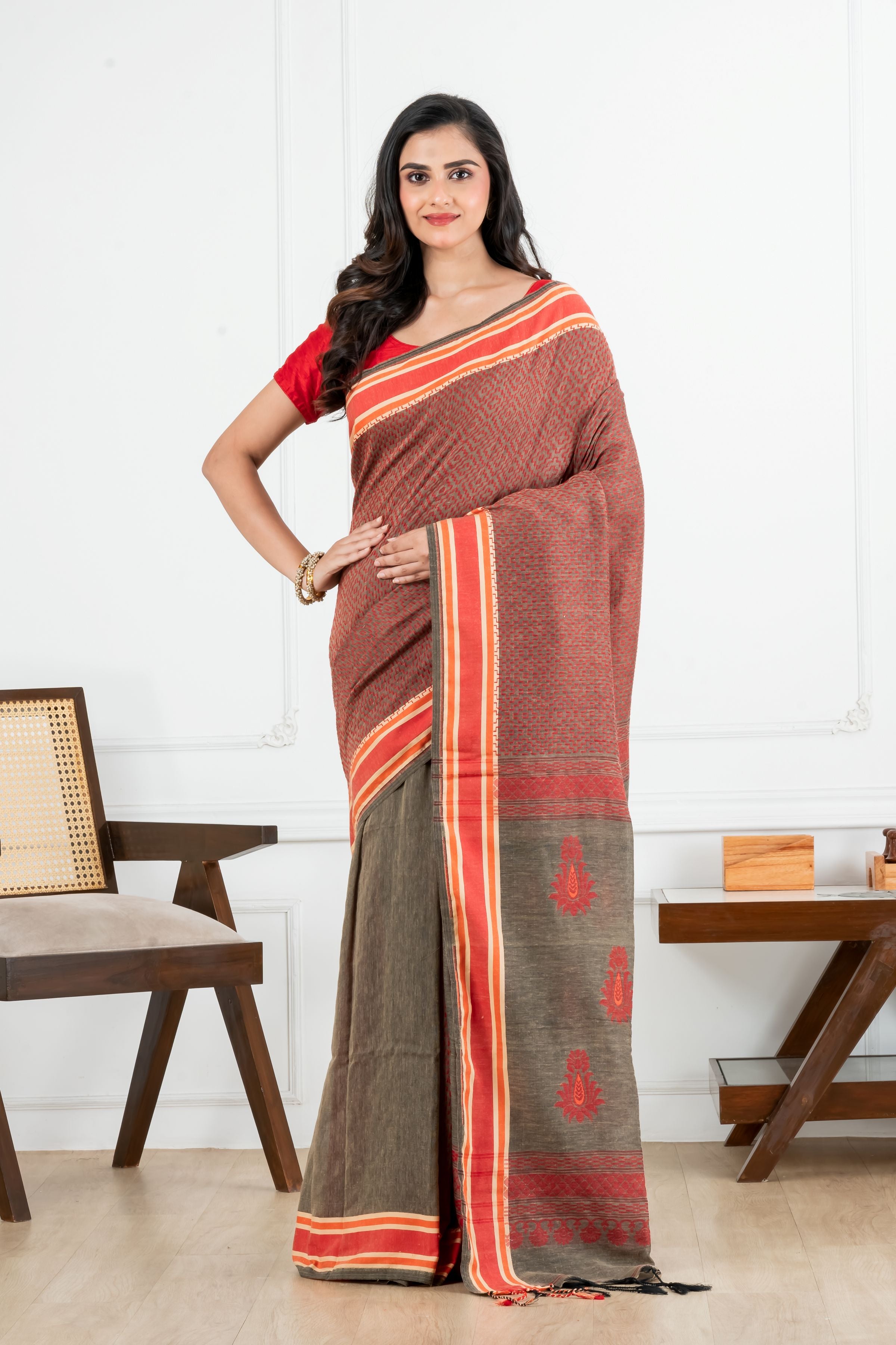Gray with Red Kantha Cotton Saree