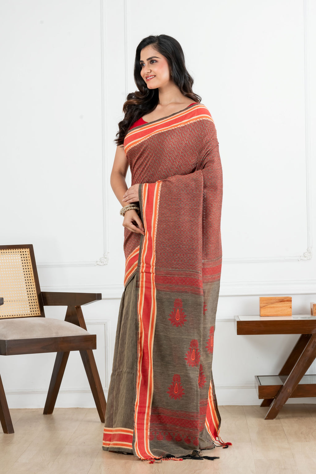Gray with Red Kantha Cotton Saree