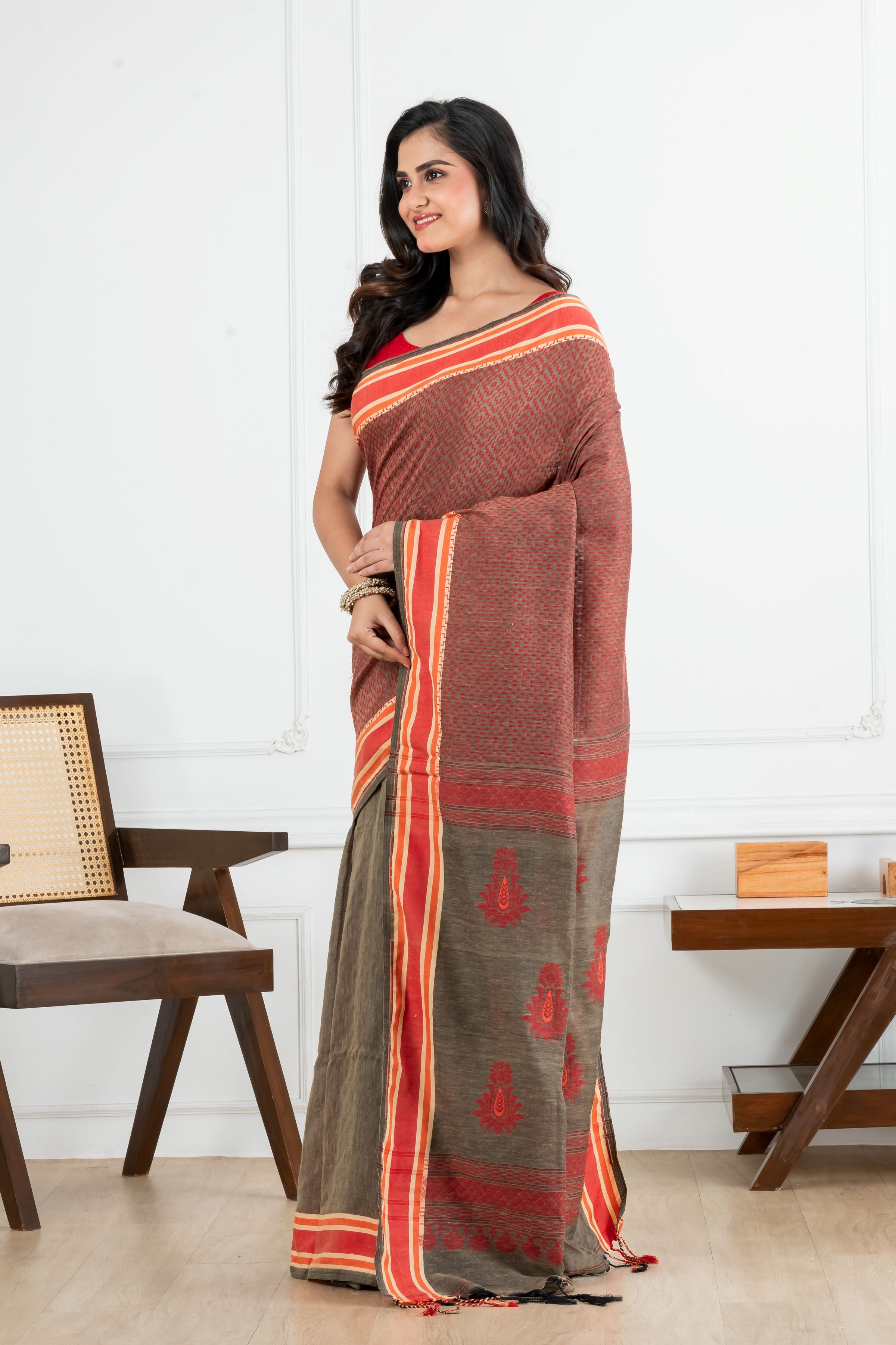 Gray with Red Kantha Cotton Saree