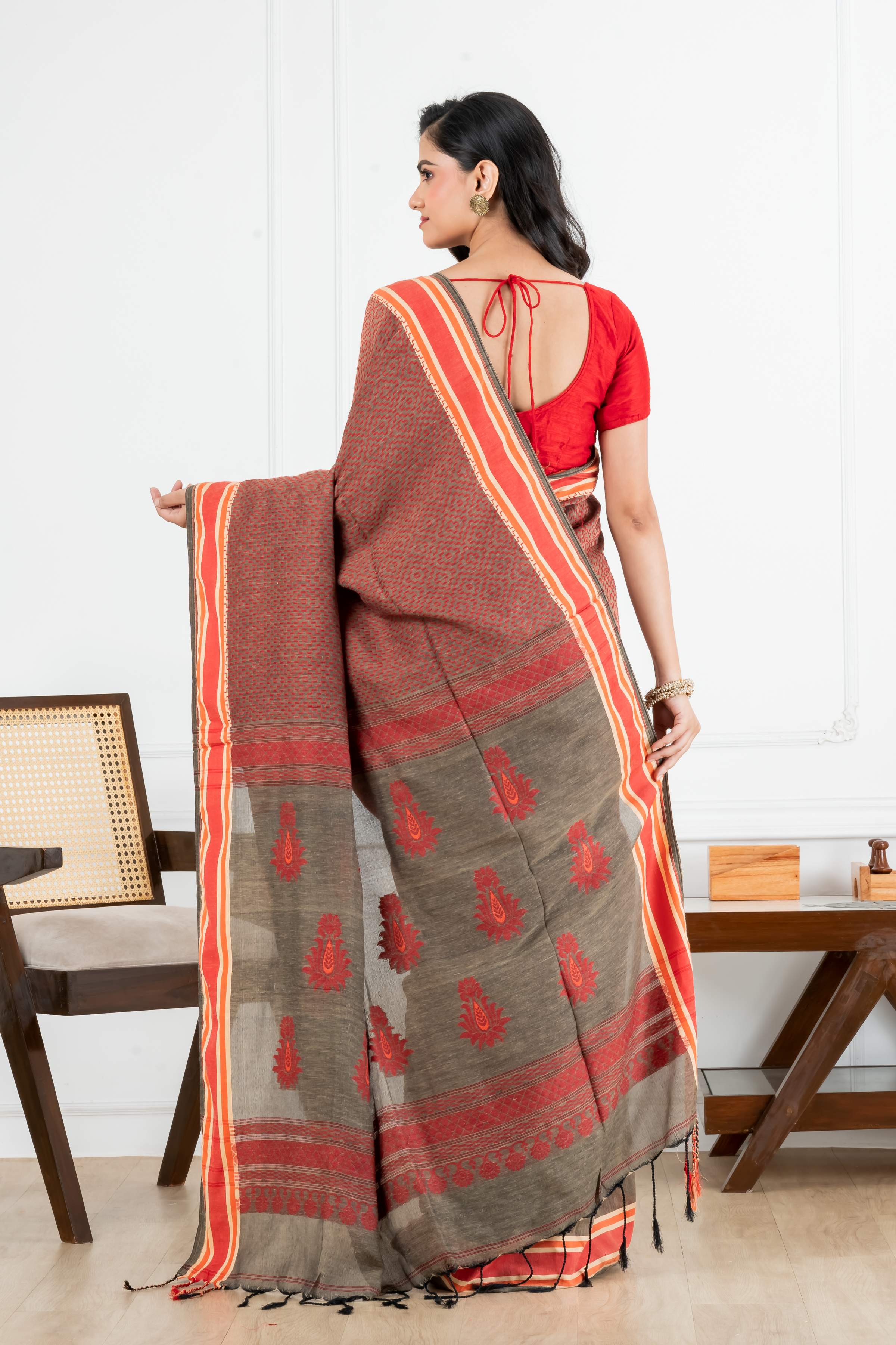 Gray with Red Kantha Cotton Saree
