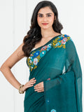 Green Body with Bullion Stitch Mulmul Saree