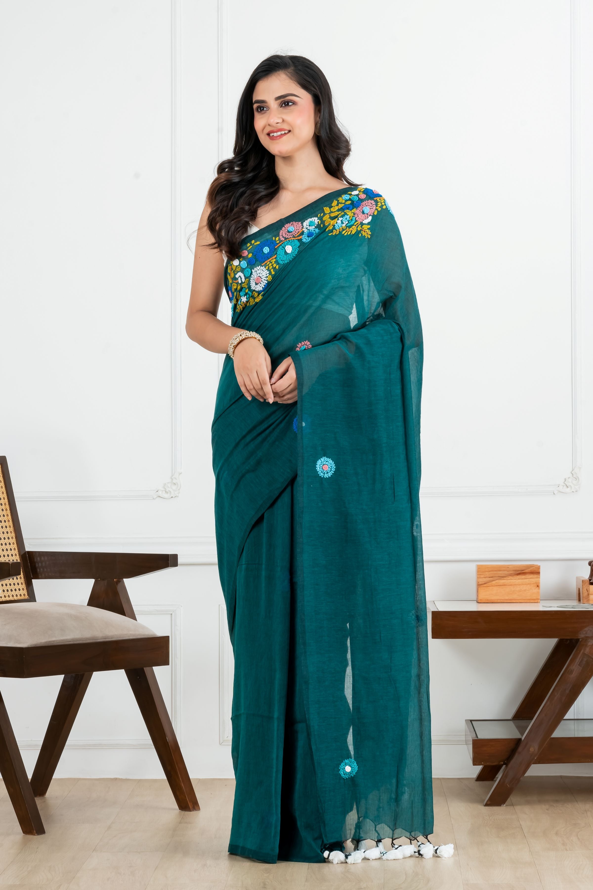 Green Body with Bullion Stitch Mulmul Saree