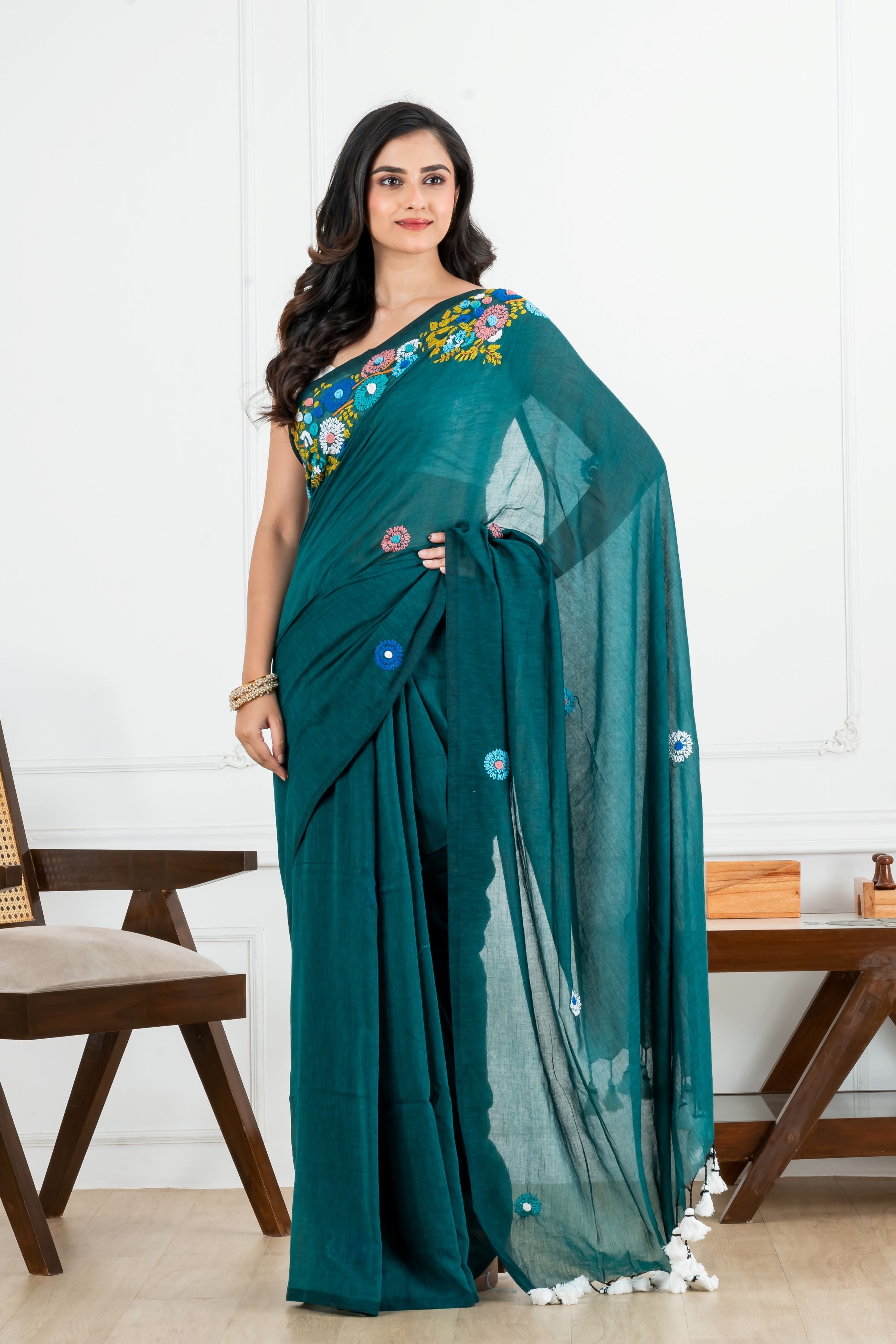 Green Body with Bullion Stitch Mulmul Saree