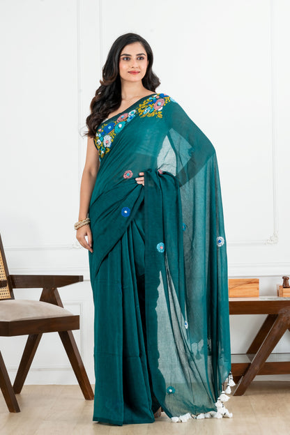 Green Body with Bullion Stitch Mulmul Saree
