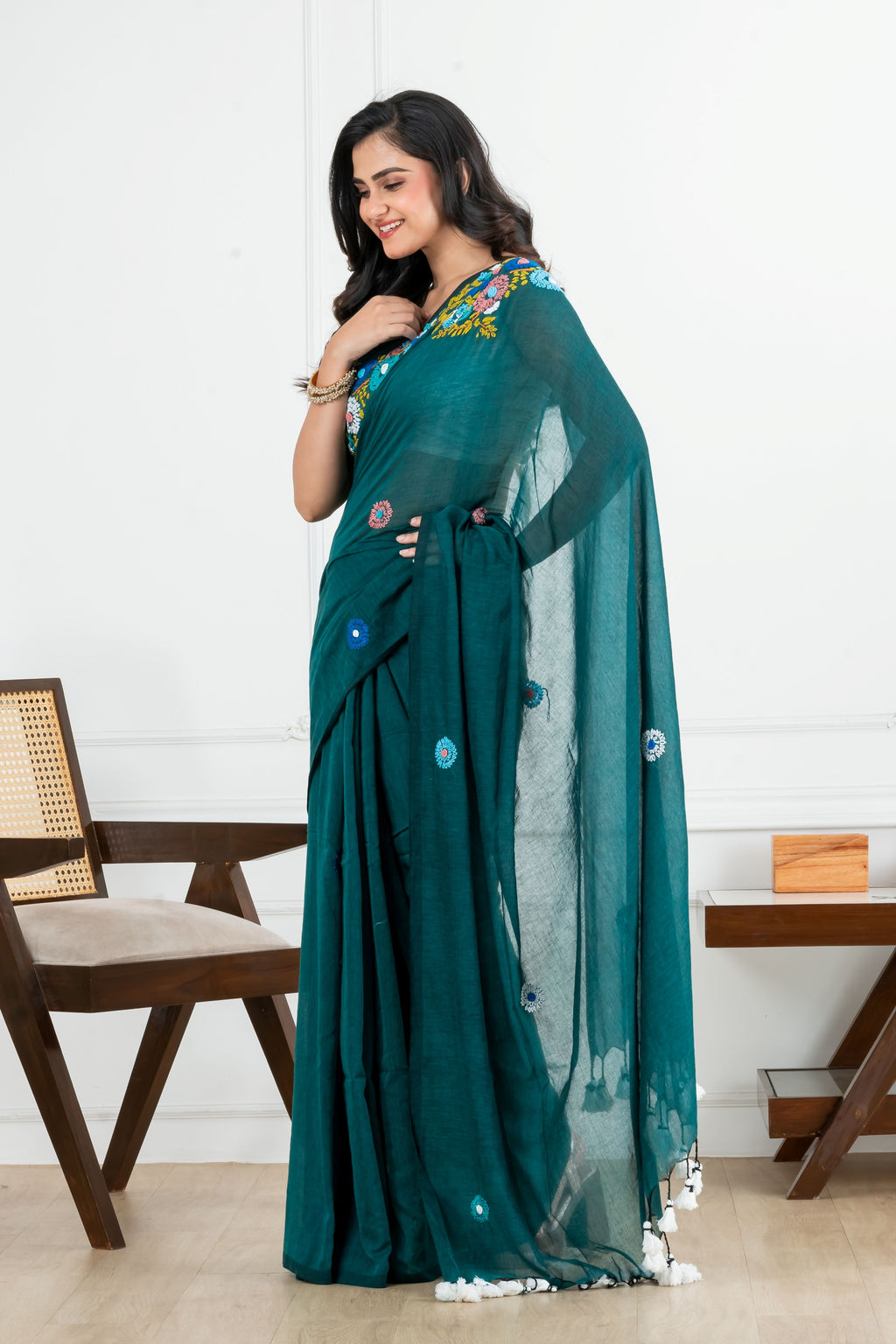 Green Body with Bullion Stitch Mulmul Saree
