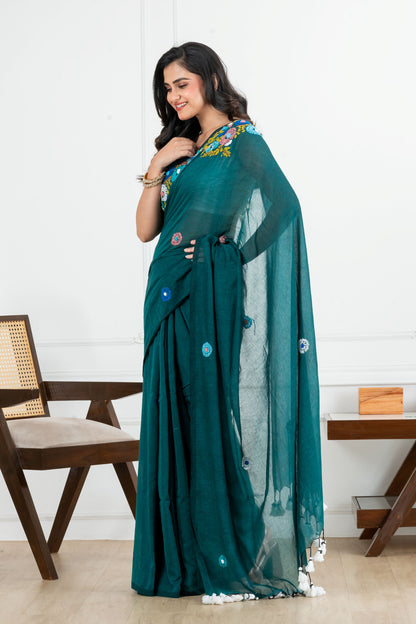 Green Body with Bullion Stitch Mulmul Saree