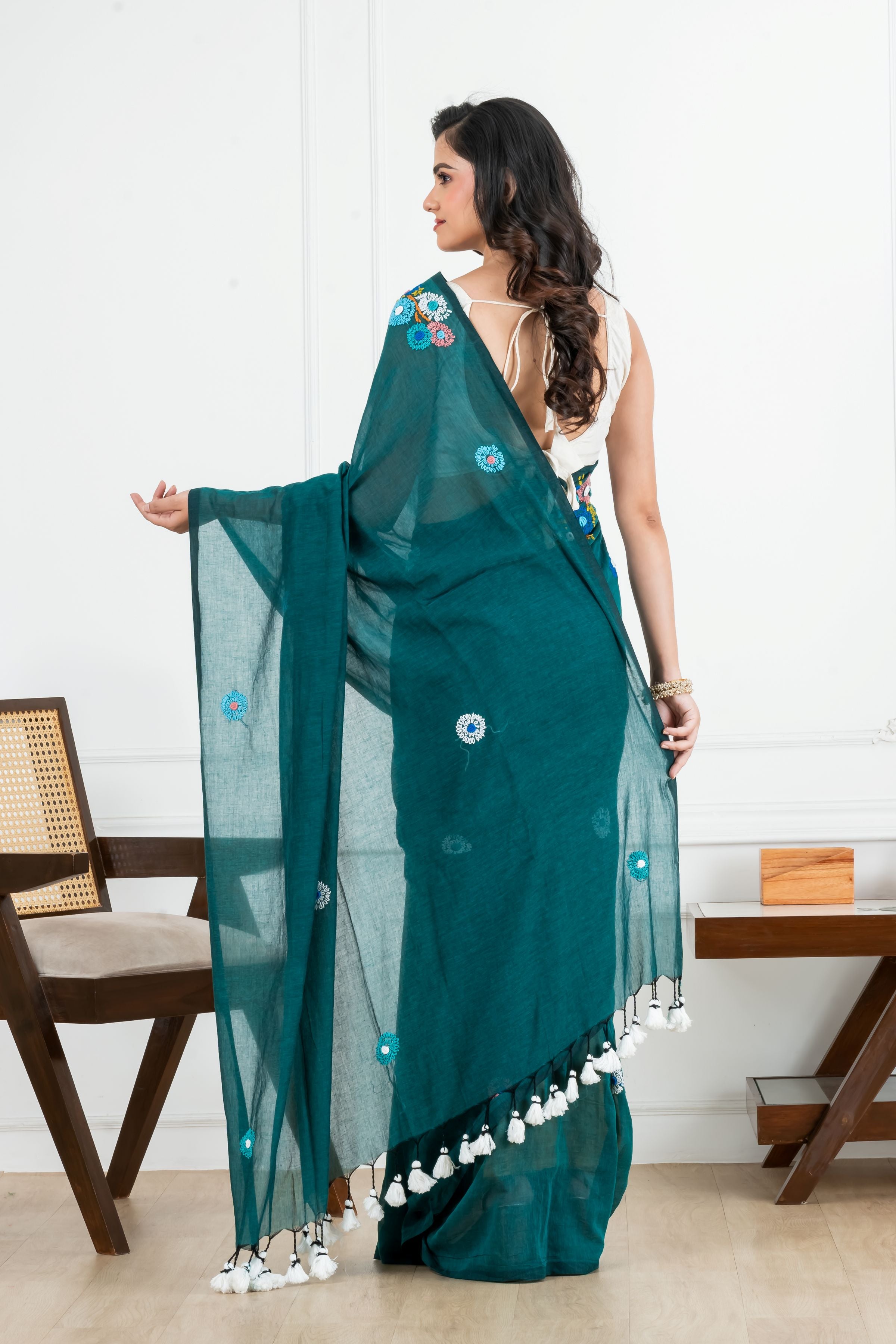 Green Body with Bullion Stitch Mulmul Saree