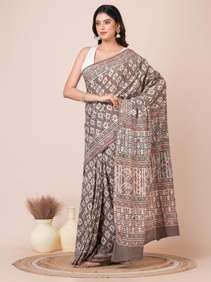 Gray Bagru Kantha Embroidered Saree