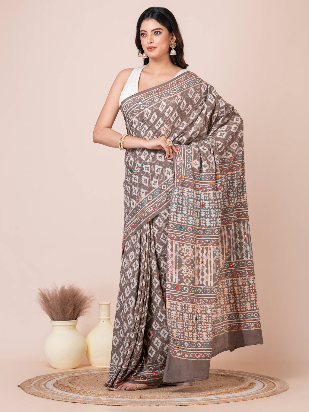 Gray Bagru Kantha Embroidered Saree
