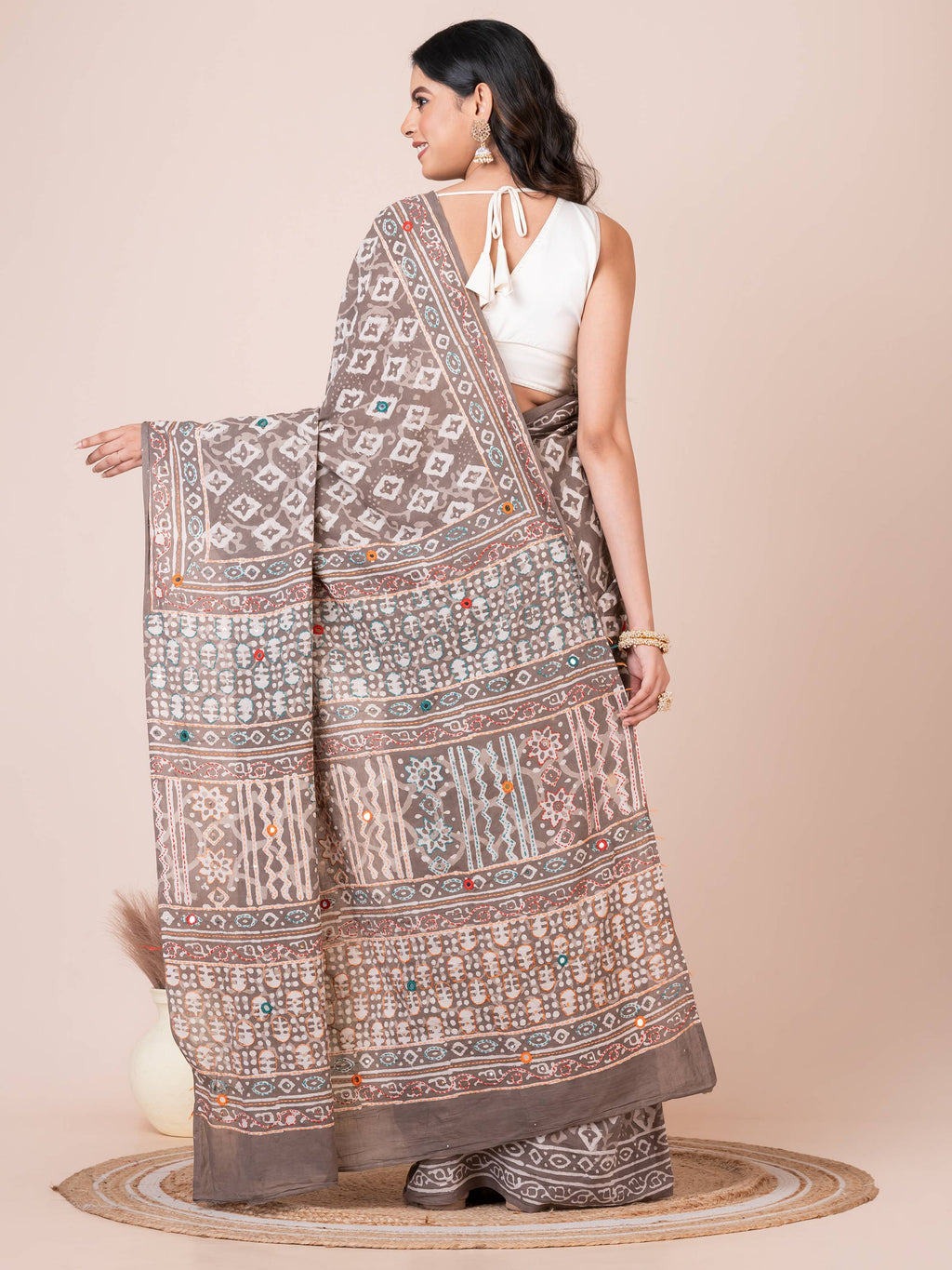 Gray Bagru Kantha Embroidered Saree