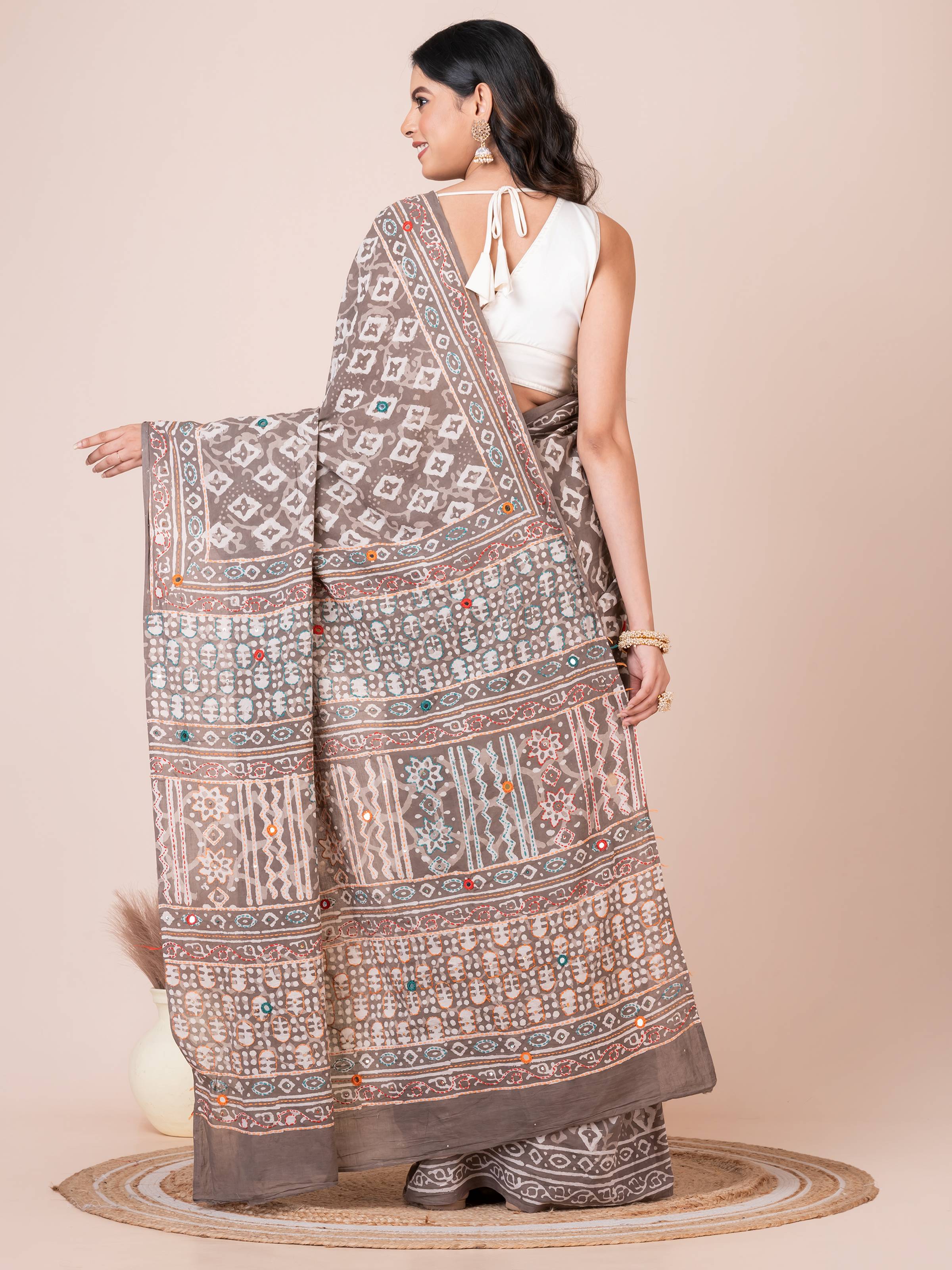 Gray Bagru Kantha Embroidered Saree